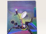 une peinture représentant une balle de baseball et une batte posées sur une table