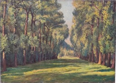 an oil painting of a field with trees and grass in the foreground