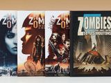 trois DVD de films de zombies posés sur une surface blanche