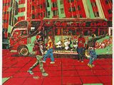 un tableau représentant des personnes marchant sur le trottoir devant un bus