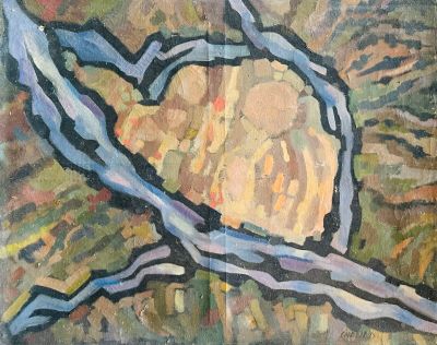 une peinture représentant une branche d'arbre sur laquelle figure un cœur