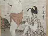 painting of two women sitting on a beach next to a basket