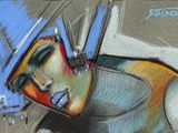 painting of a man in a helmet with a baseball bat in his hand