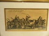 tableau représentant un groupe d'hommes à cheval, dont l'un tient les rênes d'un cheval et porte une épée