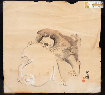 un vieux tableau représentant un chien tenant un poisson dans la gueule
