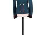 a blue jacket on a mannequin stand on a white background