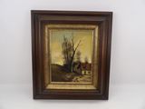 un tableau représentant une scène de campagne avec une maison et des arbres