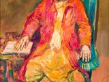a painting of a man sitting in a chair with a book