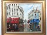 painting of a city street scene with people walking down the street