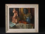 a picture of a painting on a table with a violin