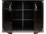 a black cabinet with two doors open and two handles on each side