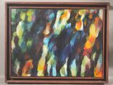 an oil painting of a group of people standing in front of a wall