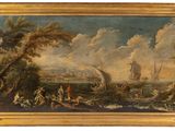 une peinture à l'huile représentant un paysage avec des bateaux sur l'eau