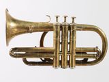a brass trumpet that is sitting on a white surface