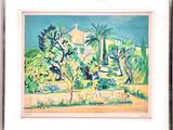 framed and matted print of a painting of a house in a garden