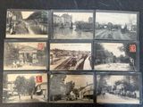 several old black and white photographs of a train station