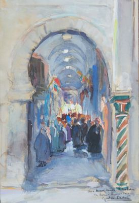 une peinture à l'huile représentant des personnes passant sous une arcade dans un bâtiment