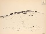 a black and white photo of cows grazing on a snowy hill