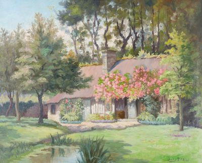 une peinture d'une maison au milieu d'un champ