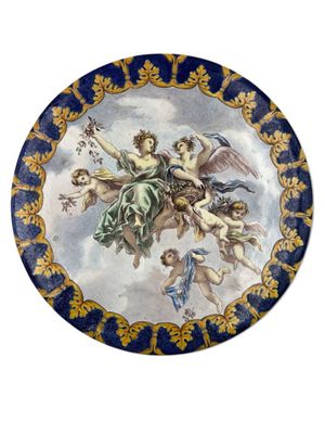 an image of a plate with a painting of angels on it