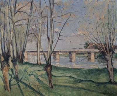 peinture représentant un tableau d'un pont enjambant une rivière, avec des arbres au premier plan