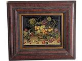 un tableau représentant un panier de fruits posé sur une table, avec un oiseau