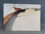 une image d'un tableau représentant un bateau sur la plage