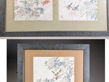 two framed paintings of birds and flowers on a white background