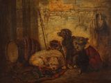 tableau représentant trois chiens et un chat dans une pièce avec une cheminée