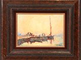 une peinture à l'huile représentant un bateau sur un plan d'eau