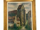 tableau représentant une église dans un cadre champêtre, avec un chemin qui y mène