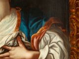 an image of a painting of a woman in a blue and white dress