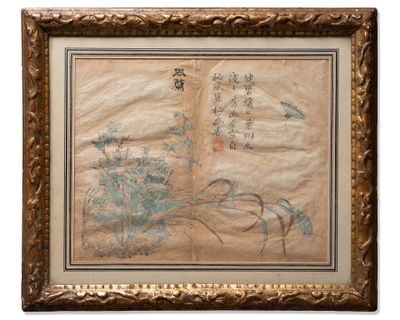 an old chinese painting of birds and flowers in a gold frame