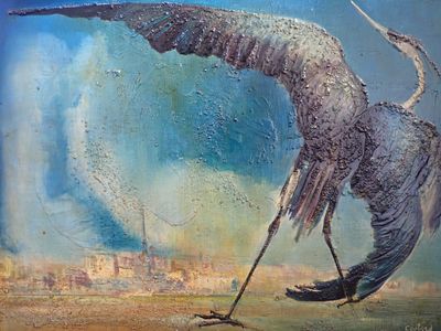 un tableau représentant un oiseau en plein vol dans le ciel
