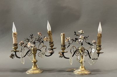 pair of antique brass candelabs with crystals and flowers
