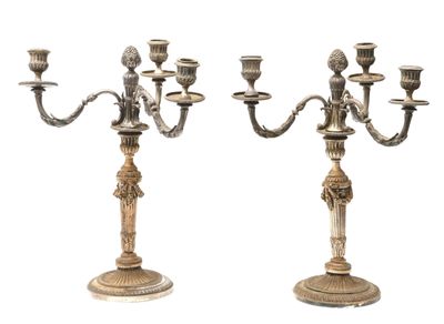 paire de chandeliers anciens en métal argenté sur socles
