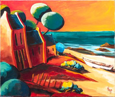 a painting of a house on the beach by the ocean