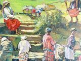an oil painting of a group of people working in a field