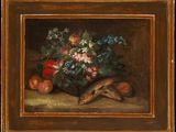 painting of still life with flowers, fruit, and a snake on a table
