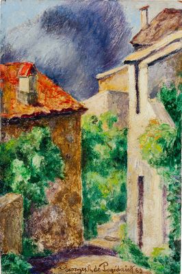 une peinture à l'huile représentant une scène de rue avec des maisons et des arbres en arrière-plan
