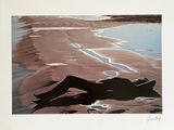 a picture of a woman laying on the beach