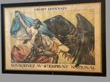 painting of a woman on a horse holding a flag and a bird