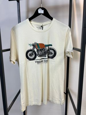 T-shirt crème avec une moto sur le devant et une autre dans le dos, suspendu à un cintre