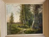 une peinture à l'huile représentant un paysage boisé avec des arbres et un ruisseau