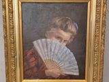 un tableau représentant une jeune fille tenant un éventail devant son visage
