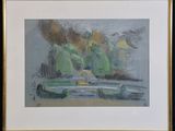 an image of a painting of a boat in a body of water with trees in the background