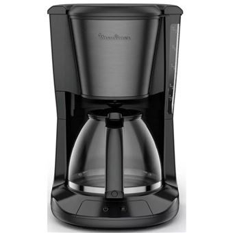 une cafetière noire posée sur un plan de travail blanc