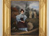 painting of a woman in a blue dress sitting on a bench