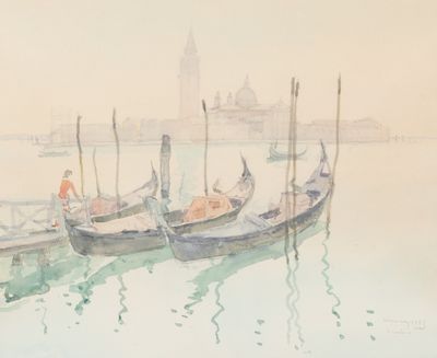tableau représentant des gondoles sur l'eau près d'un embarcadère, avec une tour horloge en arrière-plan