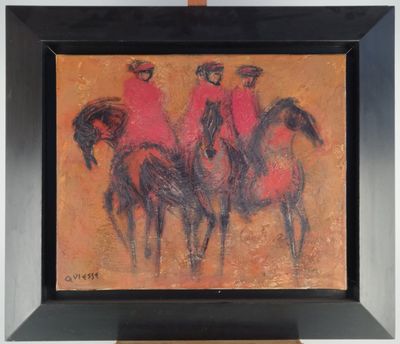 tableau représentant trois hommes à cheval, dans un cadre noir, posé sur une table
